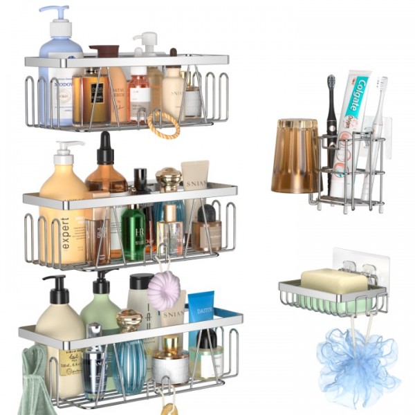 stusgo Adhesive Shower Shelf, 5 Pack Shower Caddy with Soap Holder and Toothbrush Holder, Drill-Free Shower Shelves, Rustproof Stainless Steel Bathroom Shower Caddy,Silver