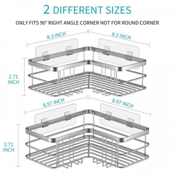stusgo Corner Shower Caddy 2 Pack, Bathroom Shower Organizer Shelves, No Drilling Corner Shower Shelves Shampoo Holder with 8 Hooks and 6 Adhesives (Silver)