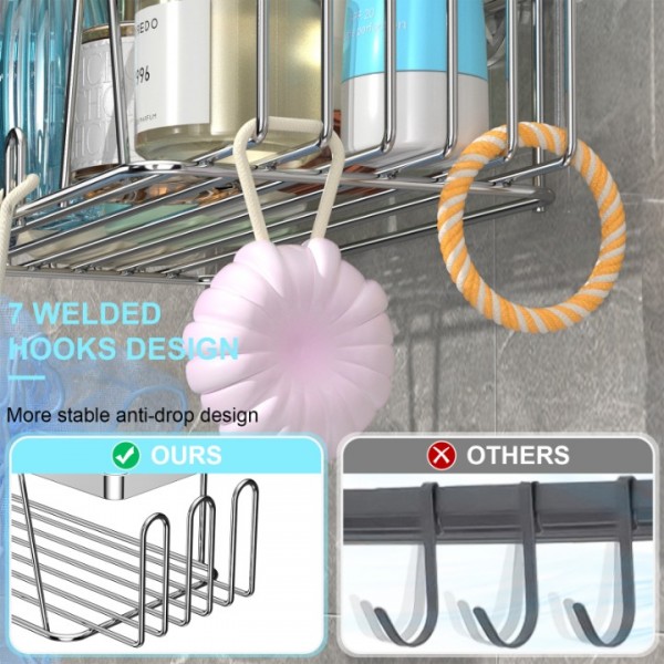 stusgo Adhesive Shower Shelf, 5 Pack Shower Caddy with Soap Holder and Toothbrush Holder, Drill-Free Shower Shelves, Rustproof Stainless Steel Bathroom Shower Caddy,Silver