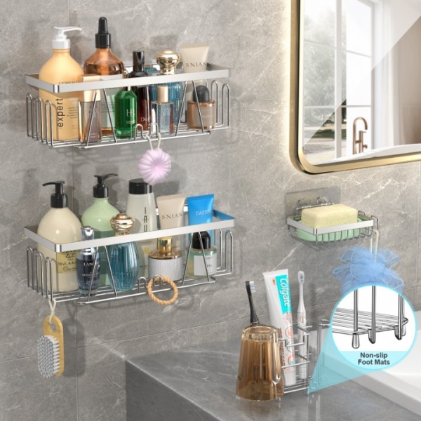 stusgo Adhesive Shower Shelf, 5 Pack Shower Caddy with Soap Holder and Toothbrush Holder, Drill-Free Shower Shelves, Rustproof Stainless Steel Bathroom Shower Caddy,Silver