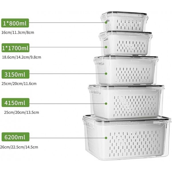 stusgo 5 PCS Double Decker Fruit Storage Containers for Fridge No BPA, food-grade freezer-sealed drained fruit containers for fridge keep fruit fresh for long periods of time and are machine washable