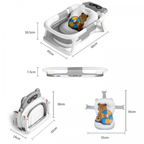 stusgo Collapsible Baby Bathtub,baby Bath Tub with Soft Cushion & Thermometer(grey)