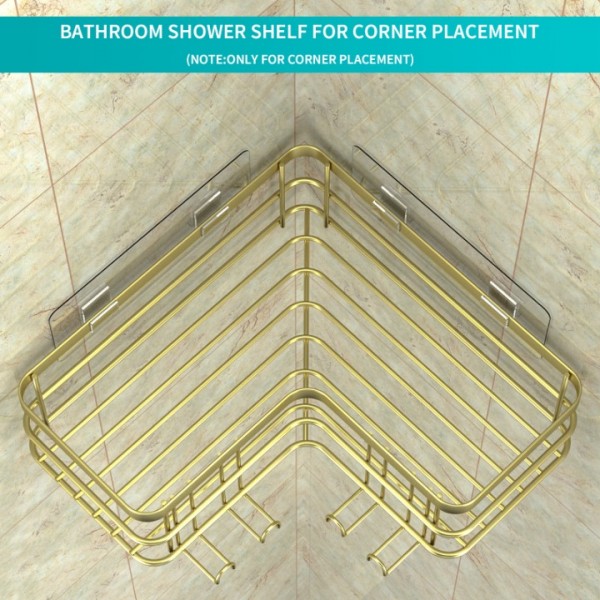 stusgo Corner Shower Caddy, Adhesive Shower Shelves No Drilling [2-Pack], Rustproof Stainless Steel Bathroom Shower Organizer with 8 Hooks, Shower Shelf for Inside Shower (Gold)