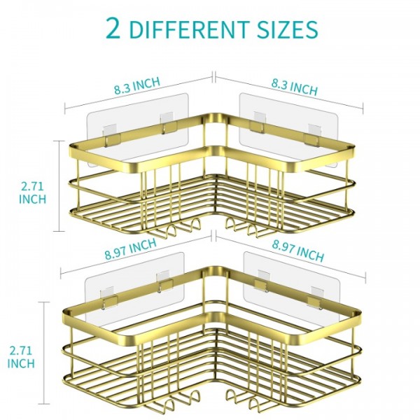 stusgo Corner Shower Caddy, Adhesive Shower Shelves No Drilling [2-Pack], Rustproof Stainless Steel Bathroom Shower Organizer with 8 Hooks, Shower Shelf for Inside Shower (Gold)