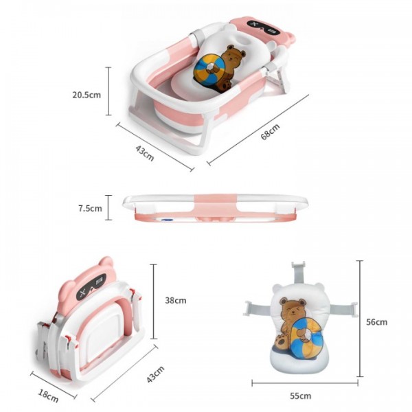 stusgo Collapsible Baby Bathtub,baby Bath Tub with Soft Cushion & Thermometer(pink)