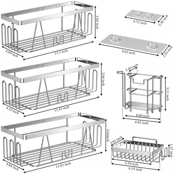 stusgo Shower Caddy, Self-Adhesive Shower Shelves No Drilling 5 Pack Stainless Steel Bathroom Shower Caddy Wall Mounted Large Capacity Shower Shelf for Indoor Shower (Black)