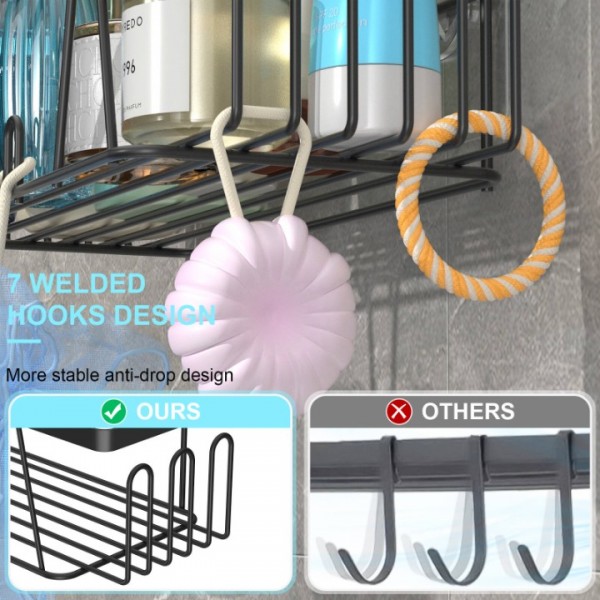 stusgo Shower Caddy, Self-Adhesive Shower Shelves No Drilling 5 Pack Stainless Steel Bathroom Shower Caddy Wall Mounted Large Capacity Shower Shelf for Indoor Shower (Black)