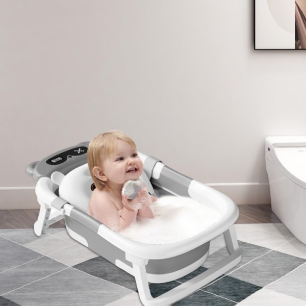 stusgo Collapsible Baby Bathtub,baby Bath Tub with Soft Cushion & Thermometer(grey)