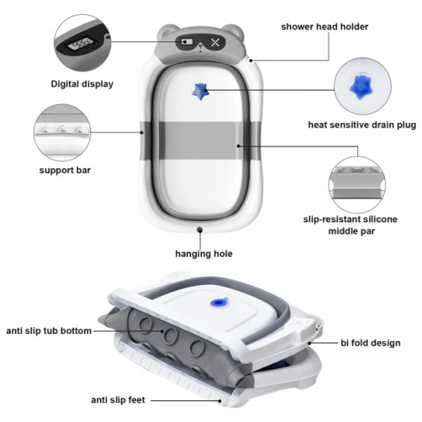stusgo Collapsible Baby Bathtub,baby Bath Tub with Soft Cushion & Thermometer(grey)