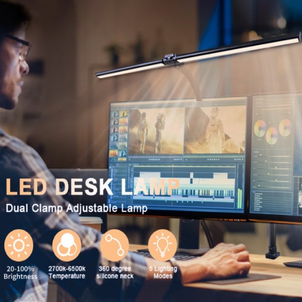 stusgo Best Desk Lights for Home Office，360 Adjustable Eye Office Desk Lamps for Home Office，5 Colors 25 Different Light Modes Home Office Light, Double Head Desk Lamp with AU Plug and Clamp