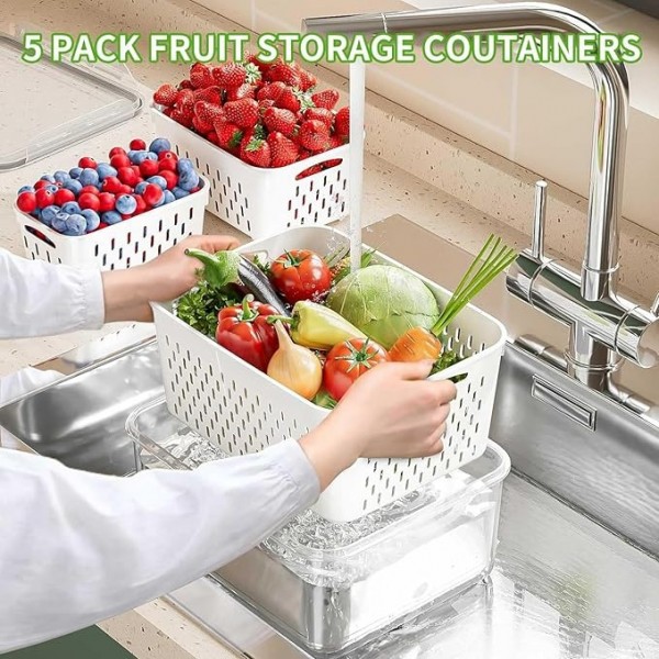 stusgo 5 PCS Double Decker Fruit Storage Containers for Fridge No BPA, food-grade freezer-sealed drained fruit containers for fridge keep fruit fresh for long periods of time and are machine washable