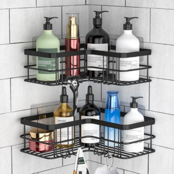 stusgo Corner Shower Caddy 2 Pack, Bathroom Shower Organizer Shelves, No Drilling Corner Shower Shelves Shampoo Holder with 8 Hooks and 6 Adhesives (Black)