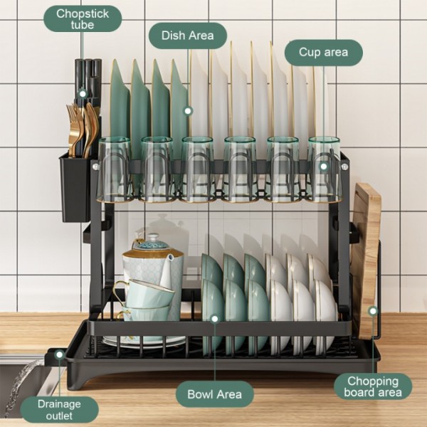 stusgo Foldable Over The Sink Dish Drying Rack with Drainage,Stainless Steel Large Multifunctional Dish Racks,Rustproof Dish Rack for Kitchen Counter Organization 2 Tier Black