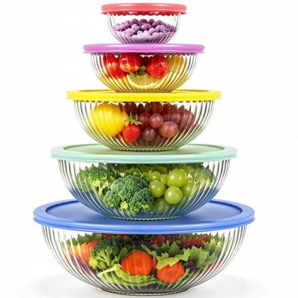 stusgo Large Glass Mixing Bowls with Lids Set, 5 pack( 0.25/0.5/1/2/3.5L) Glass Bowls with Plastic Lids for Baking,Meal Prepping and Salad, Dishwasher and Microwave Safe Serving Bowls(mix)