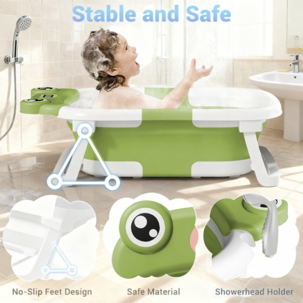 stusgo Collapsible Baby Bathtub, Plastic Frog Baby Bath Tub with Soft Cushion & Thermometer（Green）