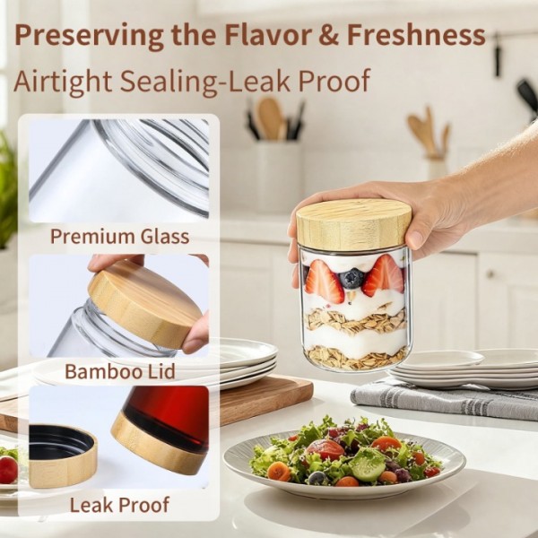 stusgo 6 Pack 16 Oz Glass Overnight Oats Containers with Bamboo Lids, Glass Overnight Oats Jars