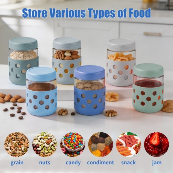 stusgo 6 Pack 16 Oz Glass Overnight Oats Containers with Lids and Silicone Sleeves, Glass Mason Jars