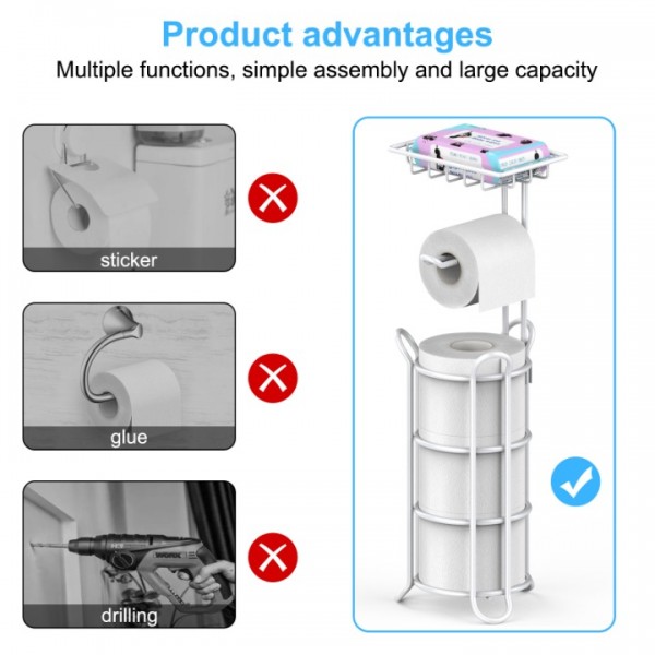 stusgo Upgraded Toilet Paper Holder Free Standing, Portable Stainless Steel Toilet Paper Roll Storage Rack, Toilet Paper Roll Dispenser with Top Storage Shelf for Bathroom (White)