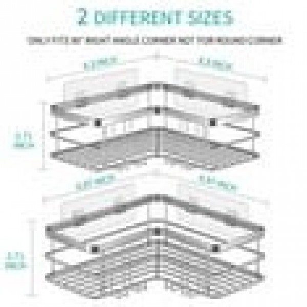 stusgo Corner Shower Caddy 2 Pack, Bathroom Shower Organizer Shelves, No Drilling Corner Shower Shelves Shampoo Holder with 8 Hooks and 6 Adhesives（Silver Gray）