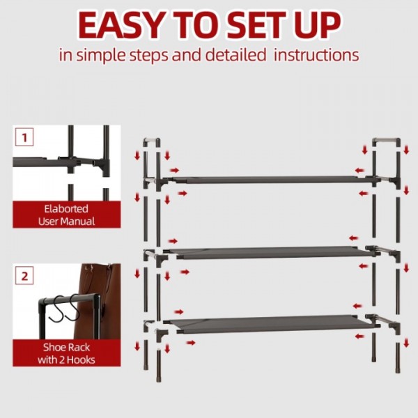 stusgo Shoe Rack for Closet, 3 Tier Shoe Organizer with 2 Hooks, Long Shoe Shelf Storage for Sneaker and Boot Stackable Free Standing Shoe Rack for Entryway, Garage, Small Spaces, Corridor
