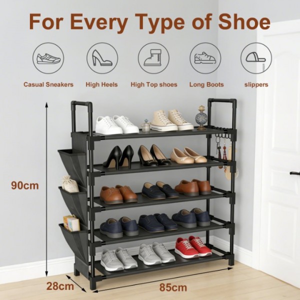 stusgo Shoe Rack 5 Tier Shoe Organizer Shoe Shelf Storage for Closet Entryway Garage, Free Standing Stackable Shoe Rack with Side Bag & Hooks, Sturdy Shoe Shelf for 20-25 Pairs Space Saving Bedroom