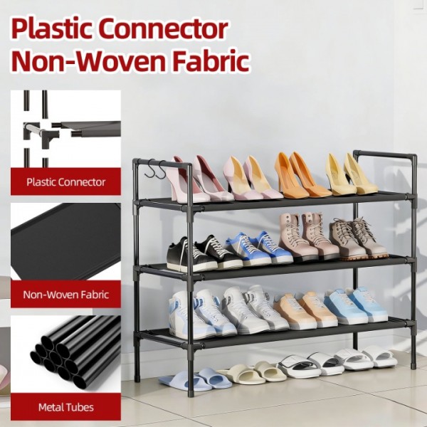 stusgo Shoe Rack for Closet, 3 Tier Shoe Organizer with 2 Hooks, Long Shoe Shelf Storage for Sneaker and Boot Stackable Free Standing Shoe Rack for Entryway, Garage, Small Spaces, Corridor
