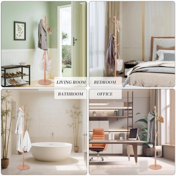 stusgo Coat Rack Freestanding,Wooden Coat Tree with 8 Hooks and 3 Adjustable Section Height （Round Base，Log）