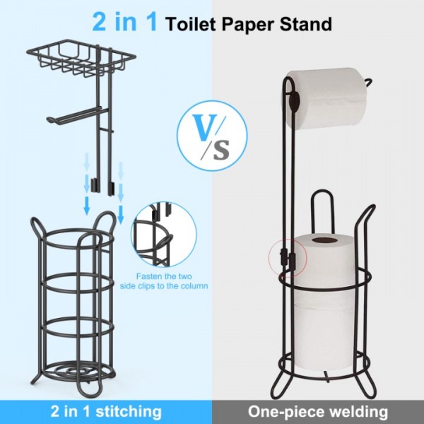 Upgraded Toilet Paper Holder Free Standing, Upgraded Portable Stainless Steel Toilet Paper Roll Storage Rack, Toilet Paper Roll Dispenser with Top Storage Shelf for Bathroom (Black)