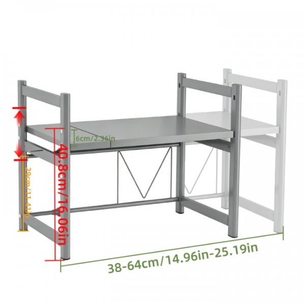 stusgo Microwave Oven Rack, Expandable Microwave Oven Stand, Adjustable 2-Tier Microwave Shelf with 6 Hooks, Carbon Steel Kitchen Storage Shelf for Countertop Organization (Gray 2 Tier)
