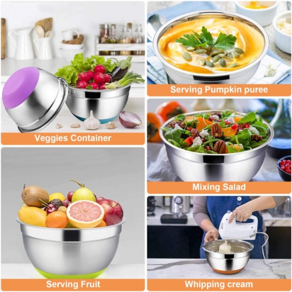 stusgo 6 Pcs Mixing Bowls with Lids,Stainless Steel Mixing Bowls Utensils with 3 Grater Attachments,Non-Slip Bottoms,Mixing Bowl Set for Kitchen Mixing Baking Prepping Cooking Serving,Colorful