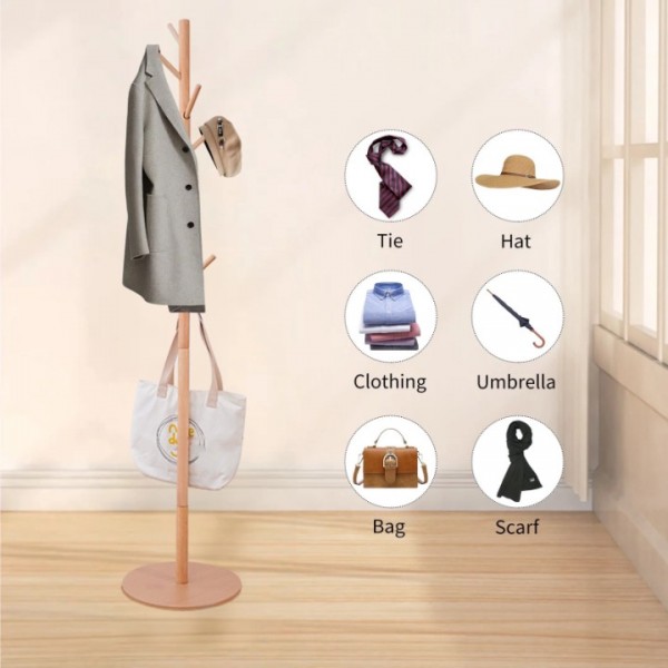 stusgo Coat Rack Freestanding,Wooden Coat Tree with 8 Hooks and 3 Adjustable Section Height （Round Base，Log）