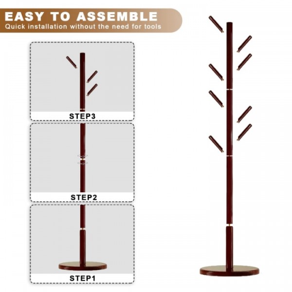 stusgo Coat Rack Freestanding,Wood Coat Tree with 8 Hooks and 3 Adjustable Section Height for Bedroom（Round Base，Dark Walnut）