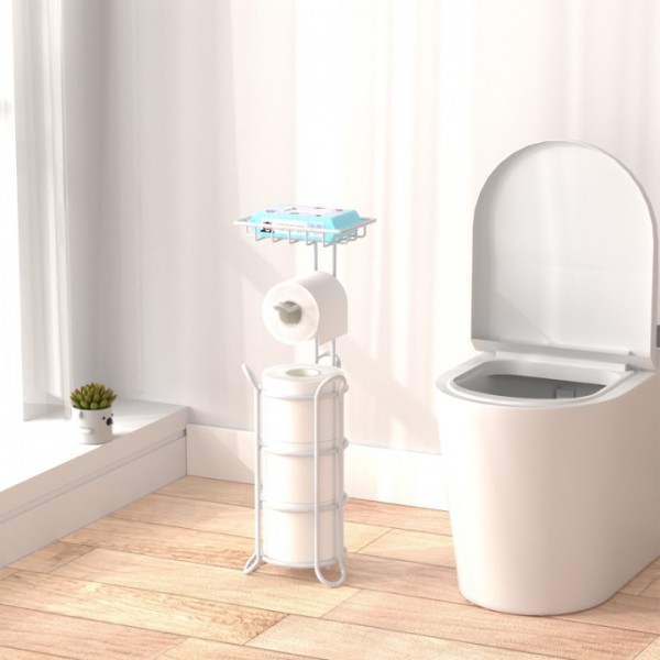 stusgo Upgraded Toilet Paper Holder Free Standing, Portable Stainless Steel Toilet Paper Roll Storage Rack, Toilet Paper Roll Dispenser with Top Storage Shelf for Bathroom (White)