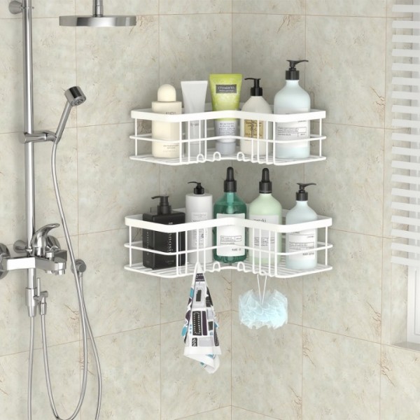 stusgo 2-Shelf Shower Caddy Corner, No Drill Rustproof Stainless Steel Bathroom Shower Organizer Wall Mounted with 8 Hooks,White