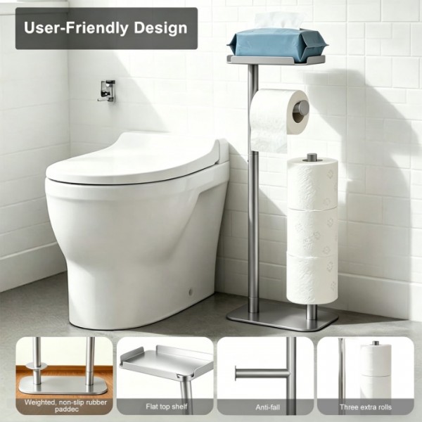 stusgo Silver Toilet Paper Holder Free Standing with Shelf, Freestanding Toilet Paper Holders with Storage & Phone Shelf, Modern Standing Toilet Paper Holder for Bathroom, Tissue Holder Stand