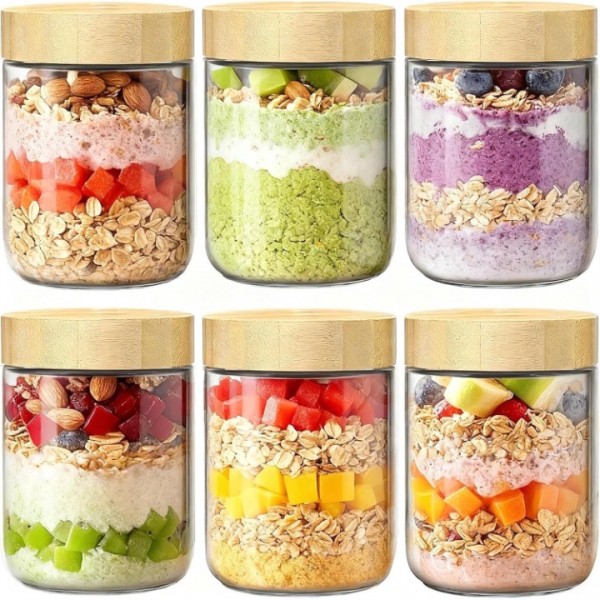 stusgo 6 Pack 16 Oz Glass Overnight Oats Containers with Bamboo Lids, Glass Overnight Oats Jars