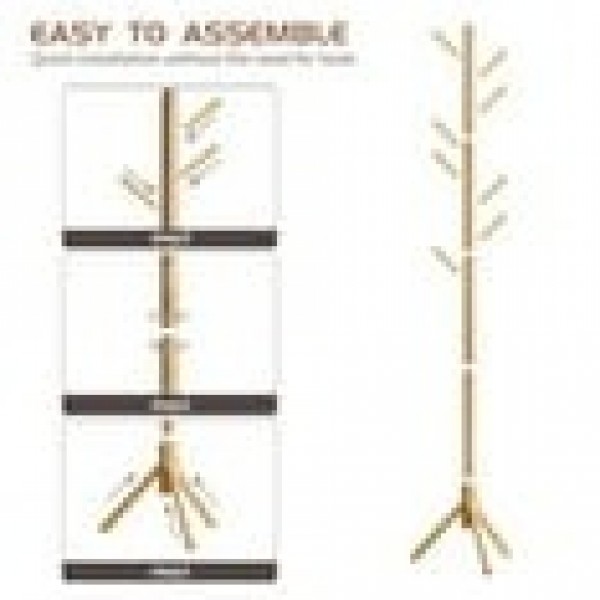 stusgo Coat Rack Freestanding,Wooden Coat Tree with 8 Hooks and 3 Adjustable Section Height for Bedroom, Hallway, Entrance,Office,Coat Hanger Percheros for Jackets Sweater Hat Bag Wigs(black)