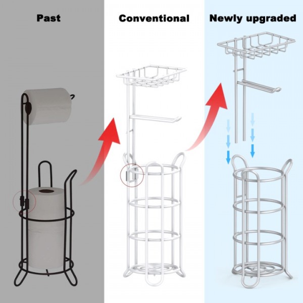 stusgo Inserted Tube Upgraded Toilet Paper Holder Free Standing, Stable Portable Stainless Steel Toilet Paper Roll Storage Rack, Toilet Paper Roll Dispenser with Top Storage Shelf for Bathroom-silver