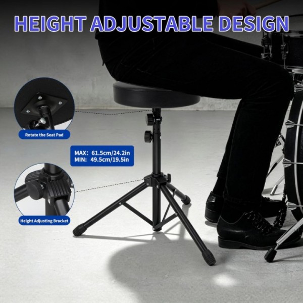 stusgo Drum Throne Heavy Duty - 49.5-61.5cm Height Adjustable, Padded Seat Drummer Stool