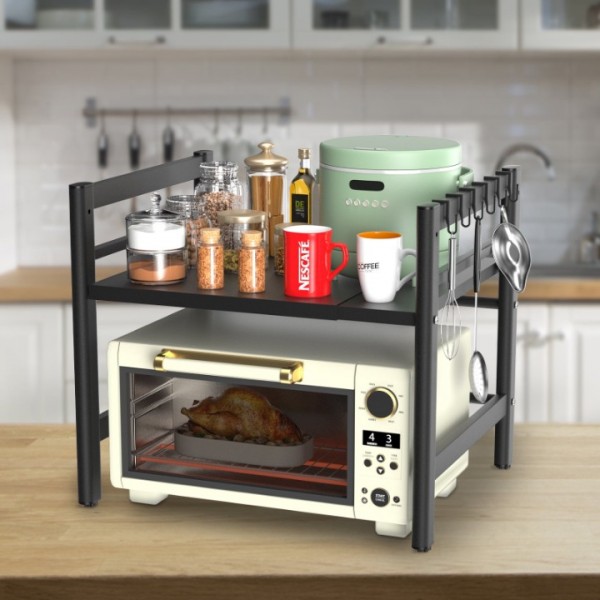 stusgo Extendable Microwave Shelf, Adjustable Toaster Oven Rack Kitchen Counter Top Organizer Stand, 2-Tier with 6 Hooks,110 lbs Weight Capacity, Black