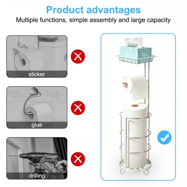 stusgo Free Standing Toilet Paper Holder with Storage, Detachable Toilet Paper Roll Holder Stand with Shelf,Support at Four Corners, Silver