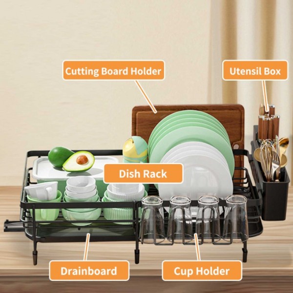 stusgo Retractable Over The Sink Dish Drying Rack with Drainage, Stainless Steel Large Multi-Functional Cutlery Rack, Kitchen Counter Organized Single-Layer Black Rust-Proof Cutlery Rack