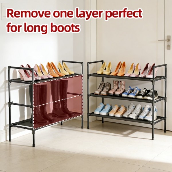 stusgo Shoe Rack for Closet, 3 Tier Shoe Organizer with 2 Hooks, Long Shoe Shelf Storage for Sneaker and Boot Stackable Free Standing Shoe Rack for Entryway, Garage, Small Spaces, Corridor