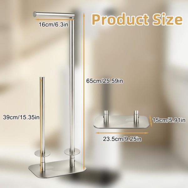 stusgo 2-in-1 Freestanding Toilet Paper Holders, Black Stainless Steel Toilet Tissue Roll Storage Stand with Reserve for Bathroom, Fits Standard & Mega Rolls（Sliver）
