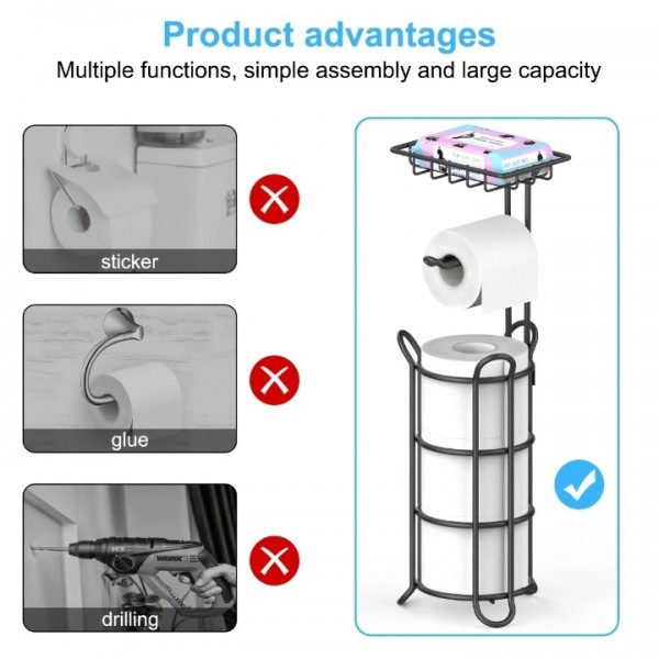Upgraded Toilet Paper Holder Free Standing, Upgraded Portable Stainless Steel Toilet Paper Roll Storage Rack, Toilet Paper Roll Dispenser with Top Storage Shelf for Bathroom (Black)