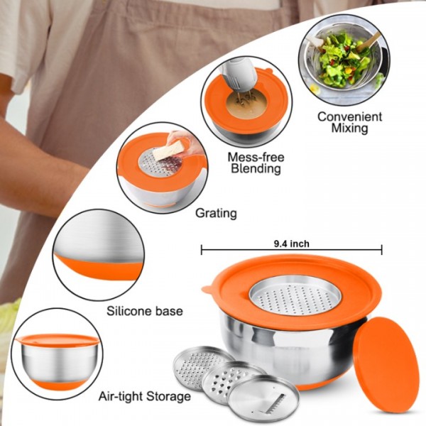 stusgo 6 Pcs Mixing Bowls with Lids,Stainless Steel Mixing Bowls Utensils with 3 Grater Attachments,Non-Slip Bottoms,Mixing Bowl Set for Kitchen Mixing Baking Prepping Cooking Serving,Colorful