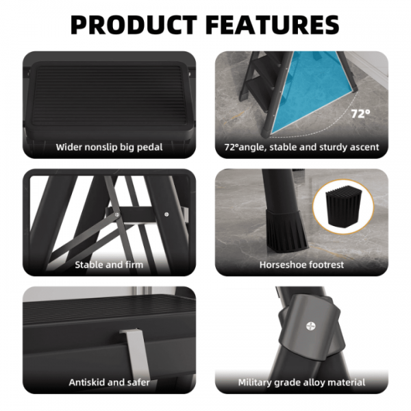 stusgo 6 Step Steel Ladder Folding Step Stool with Tool Holder for Easy Use-Black