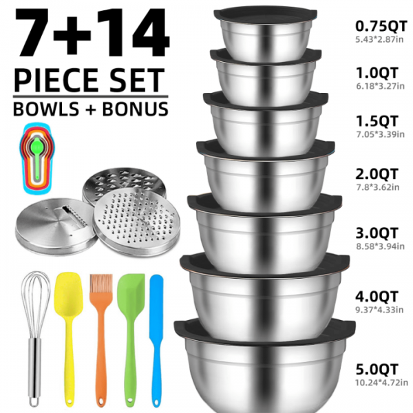 stusgo 7 Pcs Mixing Bowls with Lids （5、4、3、2、1.5、1、0.75Q），21 Pcs Stainless Steel Mixing Bowls Set-Black