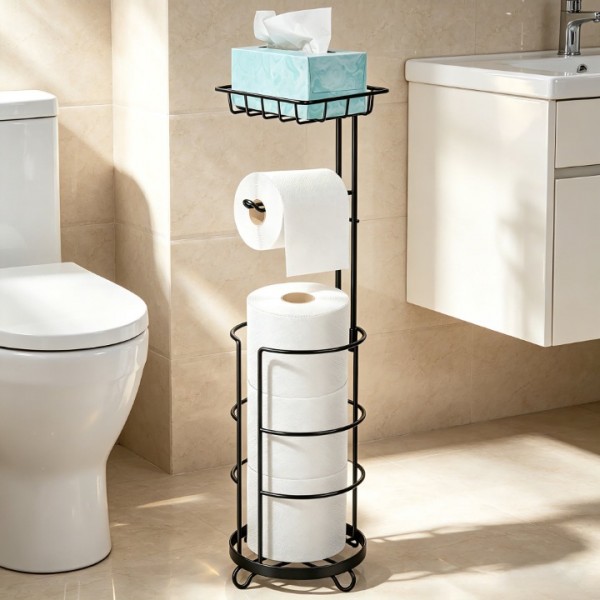 stusgo Free Standing Toilet Paper Holder with Storage, Detachable Toilet Paper Roll Holder Stand with Shelf,Support at Four Corners, Black