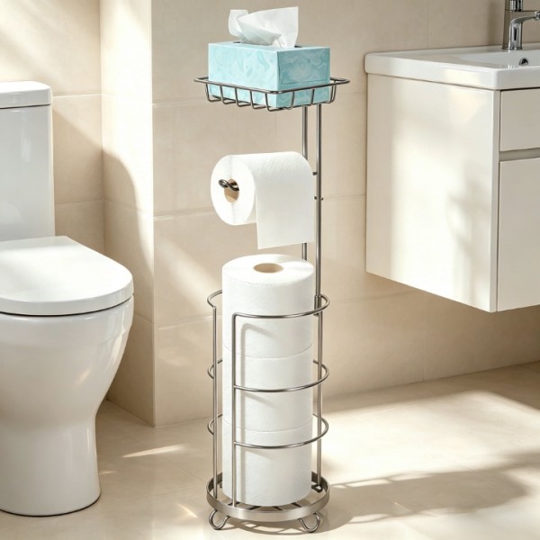 stusgo Free Standing Toilet Paper Holder with Storage, Detachable Toilet Paper Roll Holder Stand with Shelf,Support at Four Corners, Silver